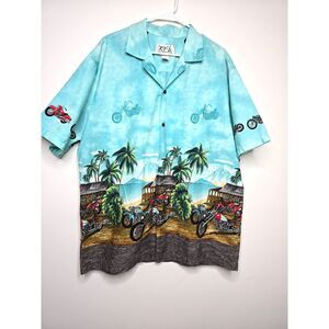 Vintage KY’S Hawaii Shirt Motorcycle Palm Tree Men’s XL Cotton Hawaiian Print